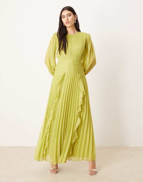 ASOS DESIGN – Limonkowa sukienka maxi z zabudowanym dekoltem i marszczeniem w pasie - view 1