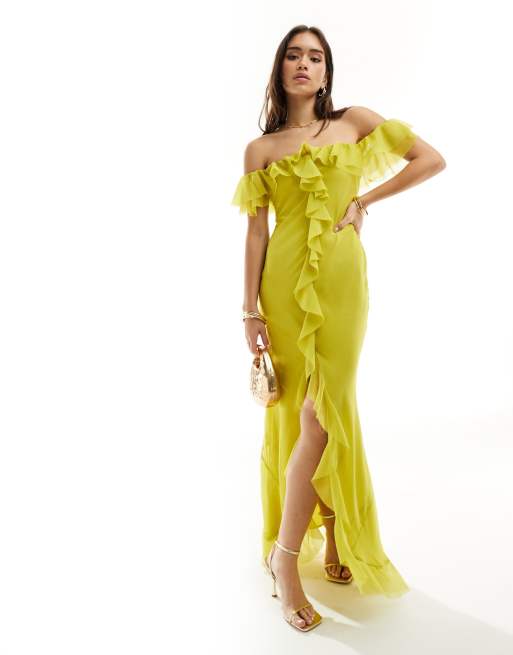 ASOS DESIGN – Limonkowa sukienka maxi ze skosu z dekoltem bardot i falbanką