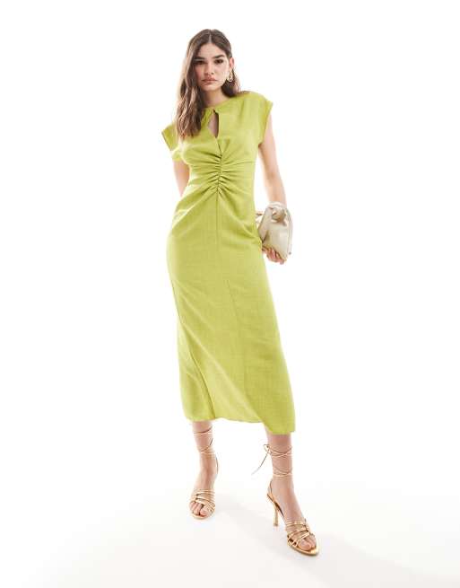 ASOS DESIGN – Limonkowa sukienka midi z rękawkami zasłaniającymi ramiona, łezką i marszczeniem z przodu
