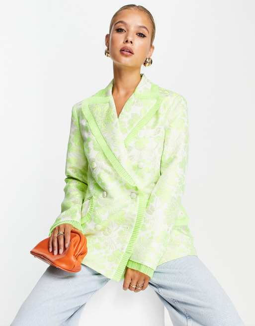 ASOS DESIGN – Limonkowa żakardowa marynarka ze zwężaną talią i falbanką