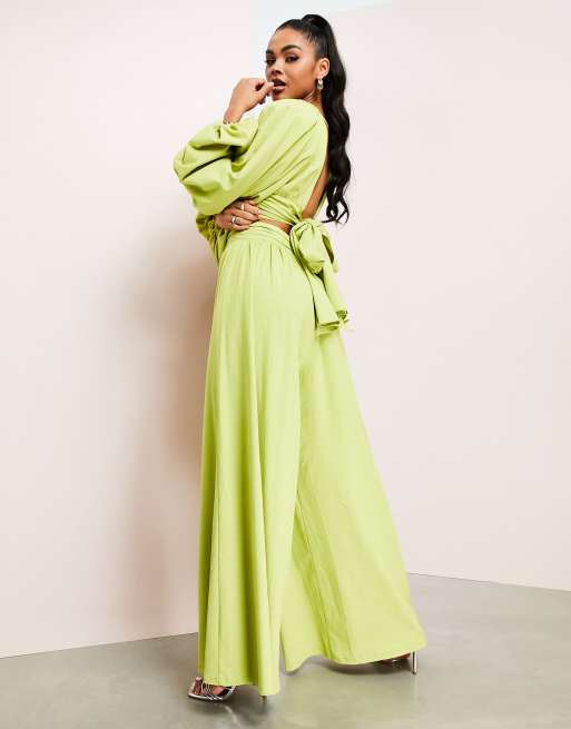 ASOS DESIGN – Limonkowe spodnie z szerokimi nogawkami z imitacji lnu