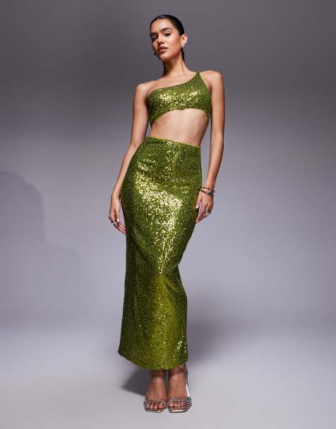 ASOS DESIGN – Limonkowozielona cekinowa dwuczęściowa sukienka midi na jedno ramię - view 1