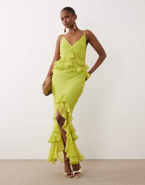 ASOS DESIGN – Limonkowozielona kolumnowa sukienka maxi na ramiączkach z falbanką - view 1