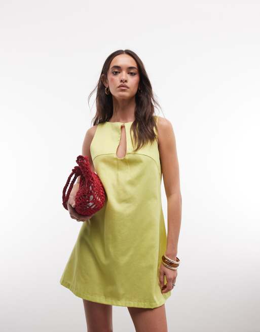 ASOS DESIGN – Limonkowozielona sukienka mini z prostym dekoltem z łezką , 3 z 4