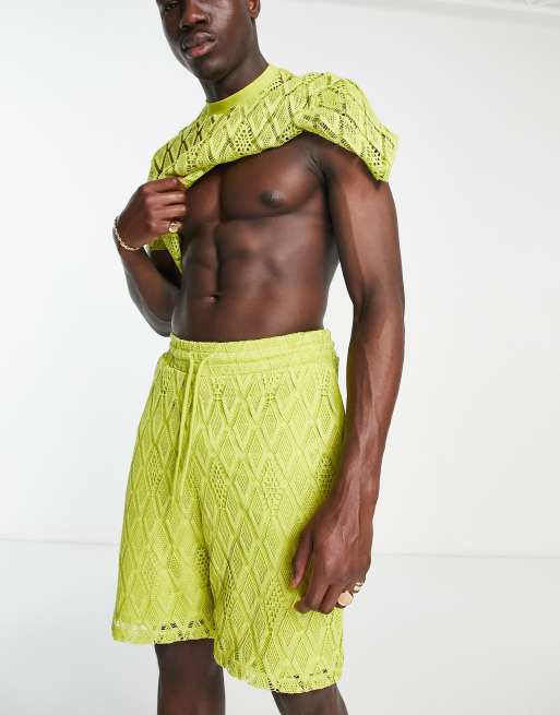 ASOS DESIGN – Limonkowozielone luźne szorty z koronki – część zestawu