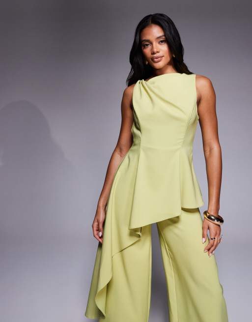 ASOS DESIGN – Limonkowy kombinezon z drapowaniem i skręconym ramiączkiem, 2 z 4
