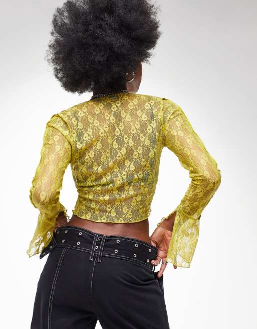 ASOS DESIGN – Limonkowy koronkowy top z długimi rękawami, 2 z 4