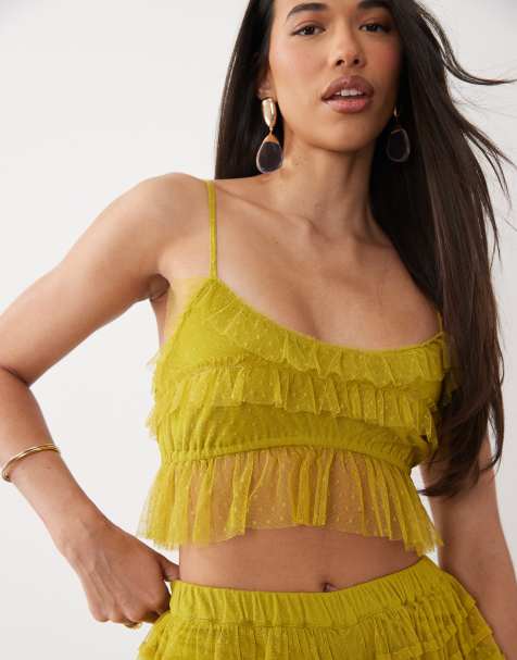 ASOS DESIGN – Limonkowy krótki top na ramiączkach z półprzezroczystej siateczki dobby z falbankami - view 1