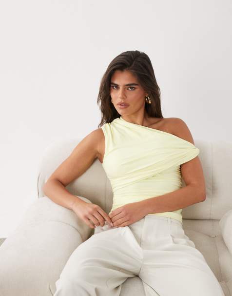 ASOS DESIGN – Limonkowy marszczony top z poliamidu z drapowaniem, skręconym bokiem i wycięciem - view 1