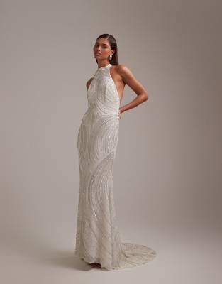 Asos Design Linear Beaded Open Back Halter Maxi Wedding Dress In White