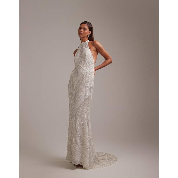 ASOS DESIGN linear beaded open back halter maxi wedding dress in white
