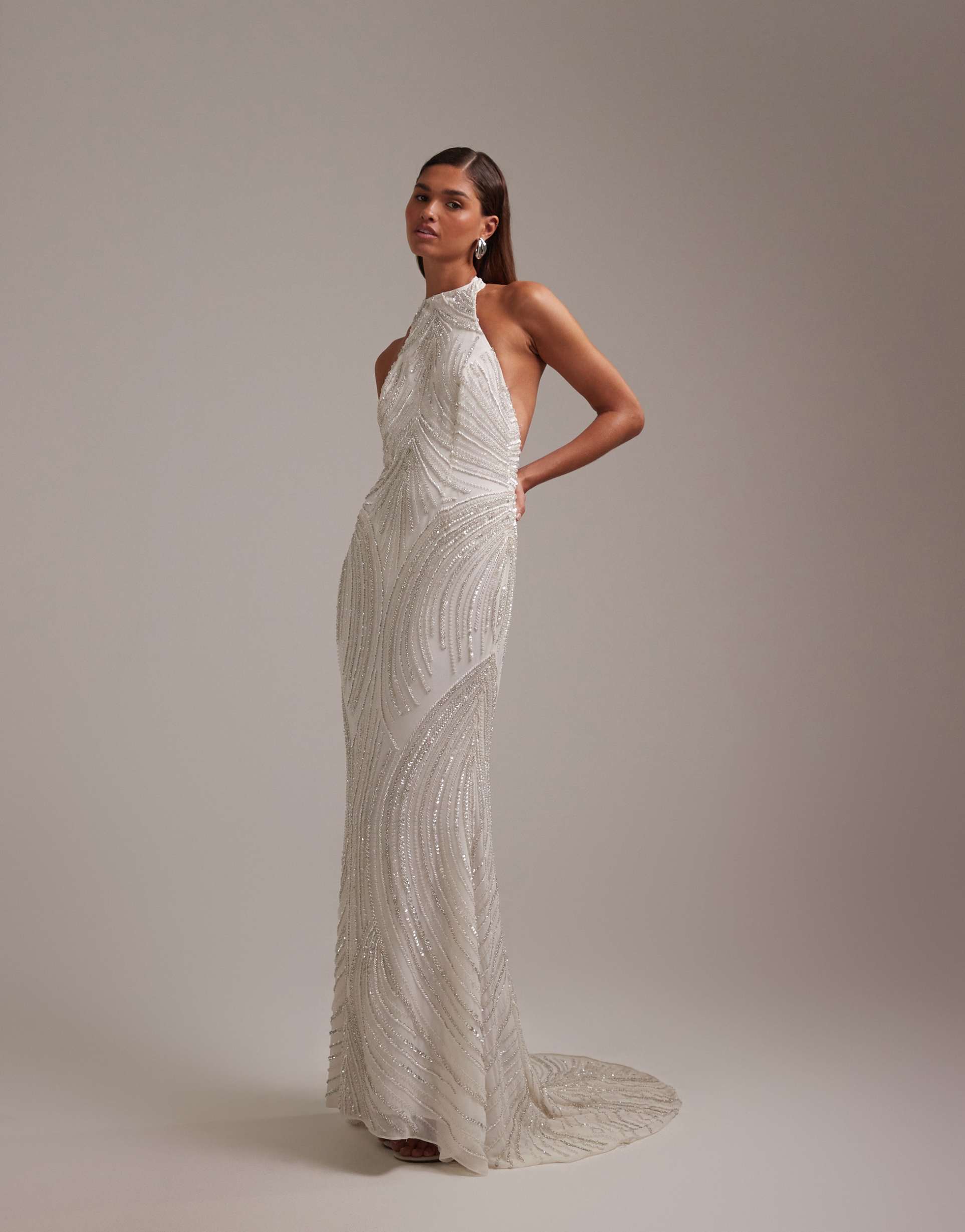 asos design linear beaded open back halter maxi wedding dress in white
