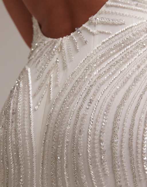 ASOS DESIGN linear beaded open back halter maxi wedding dress in white