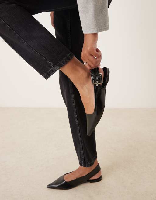 ASOS DESIGN Linear buckle detail slingback ballet flats in black, 2 of 4