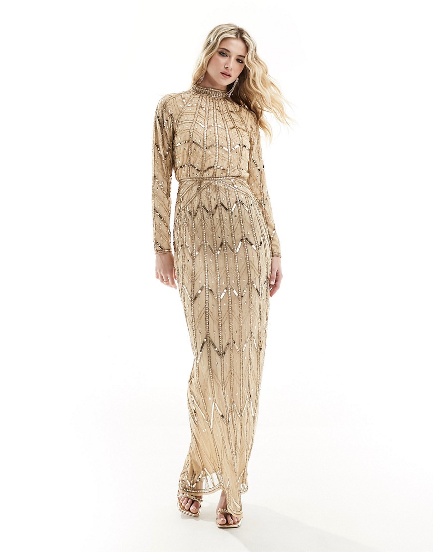 Asos Design Linear Embellished Maxi Dress With Gem Detail In Gold