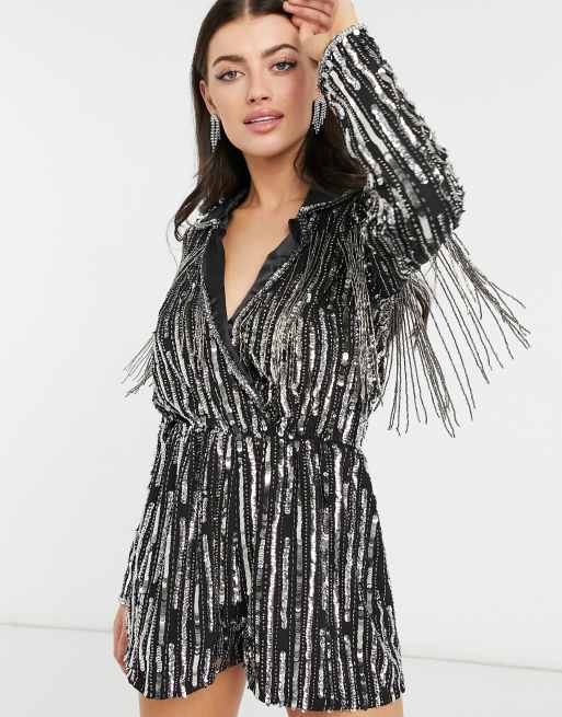 ASOS DESIGN linear sequin tux playsuit in black | ASOS