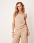 [ASOS DESIGN] ASOS DESIGN linear textured one shoulder tie waist asymmetric top in stone (part of a set)-Neutral XS Stone