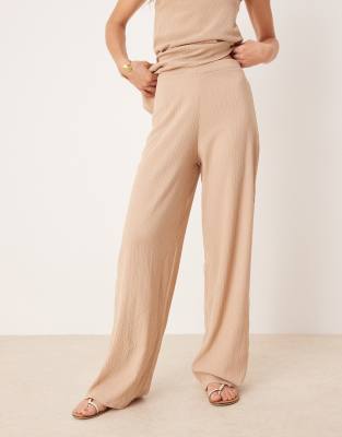 Asos Design Linear Textured Wide Leg Pants In Neutral
