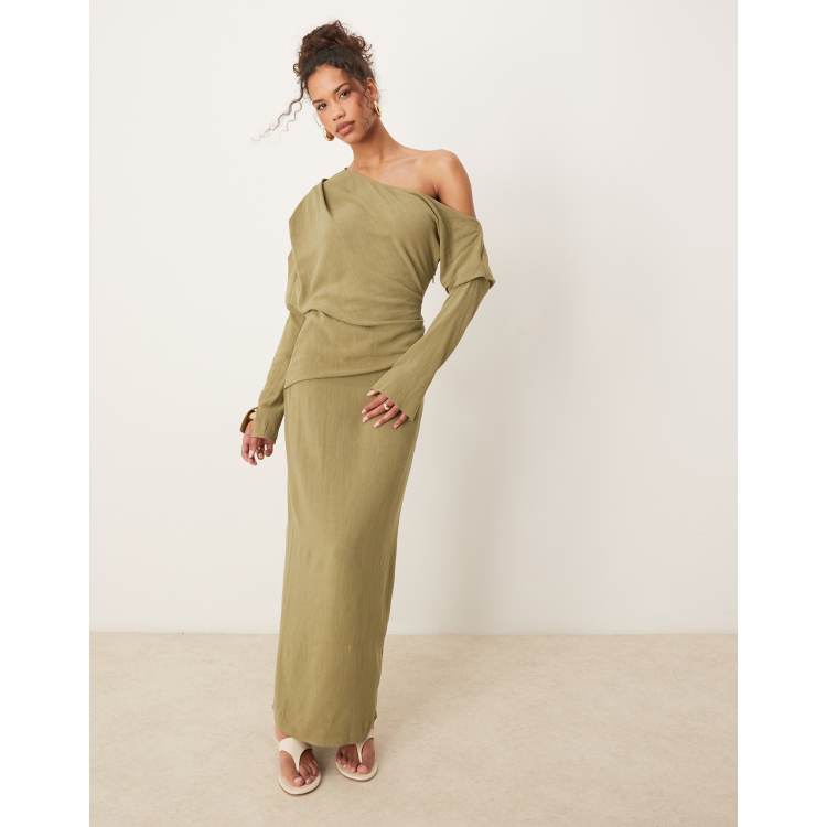 ASOS DESIGN linen asym fallen shoulder long sleeve midi dress in khaki