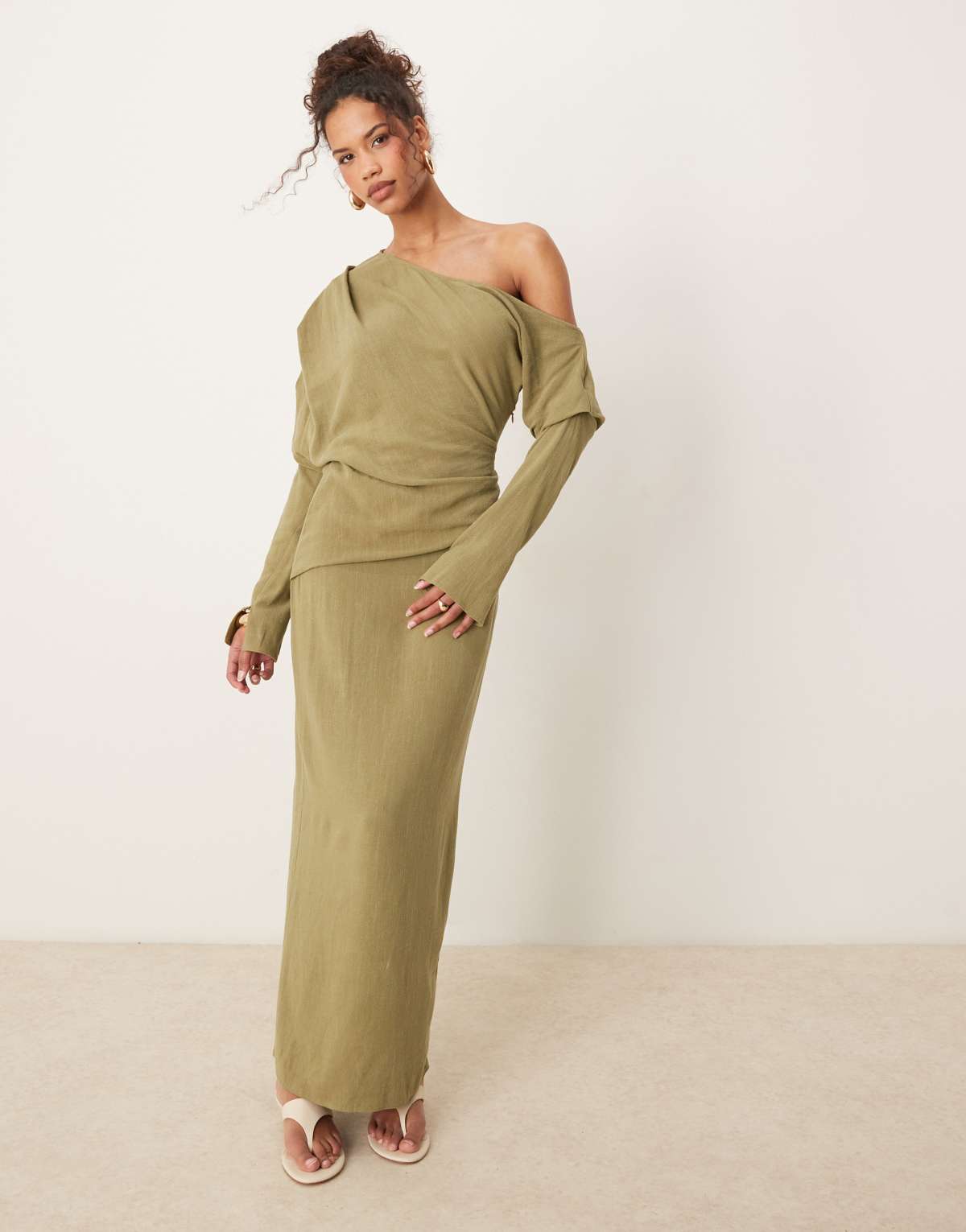 ASOS DESIGN linen asym fallen shoulder long sleeve midi dress in khaki