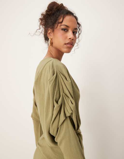ASOS DESIGN linen asym fallen shoulder long sleeve midi dress in khaki