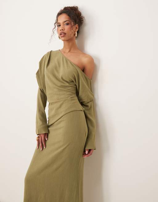 ASOS DESIGN linen asym fallen shoulder long sleeve midi dress in khaki