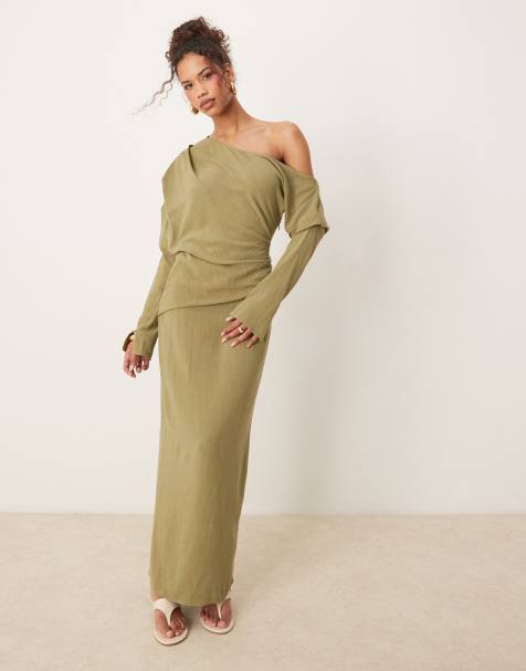ASOS DESIGN linen asymmetric fallen shoulder long sleeve midi dress in khaki - view 1