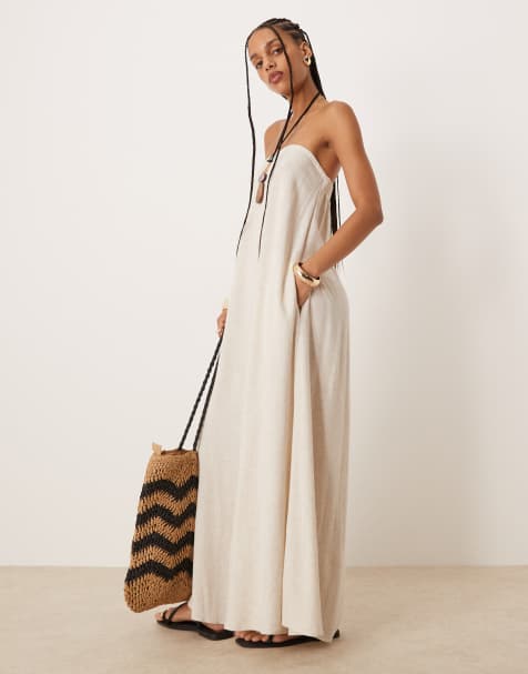 ASOS DESIGN linen bandeau maxi dress in oat - view 1
