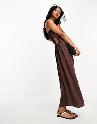 ASOS DESIGN linen bandeau midi sundress with ruched cut out detail in chocolate