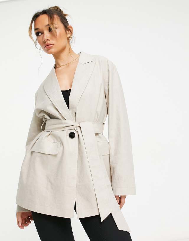 ASOS DESIGN linen belted mum jacket in natural