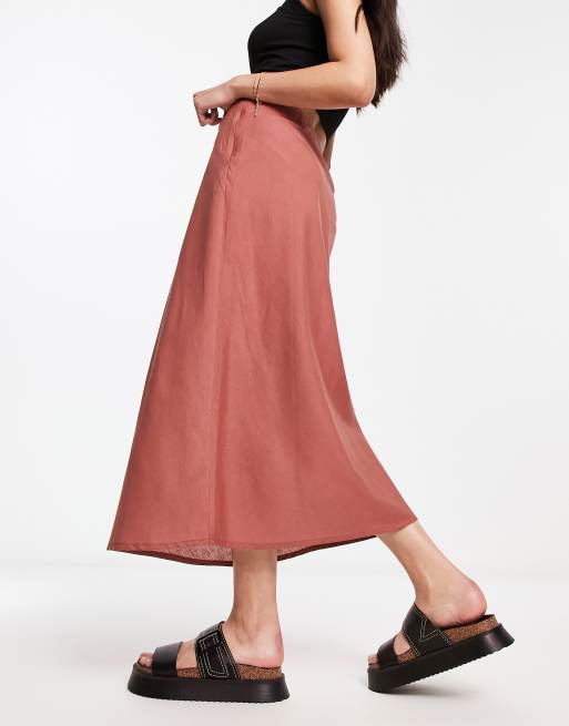 ASOS DESIGN linen bias cut midi skirt in terracotta