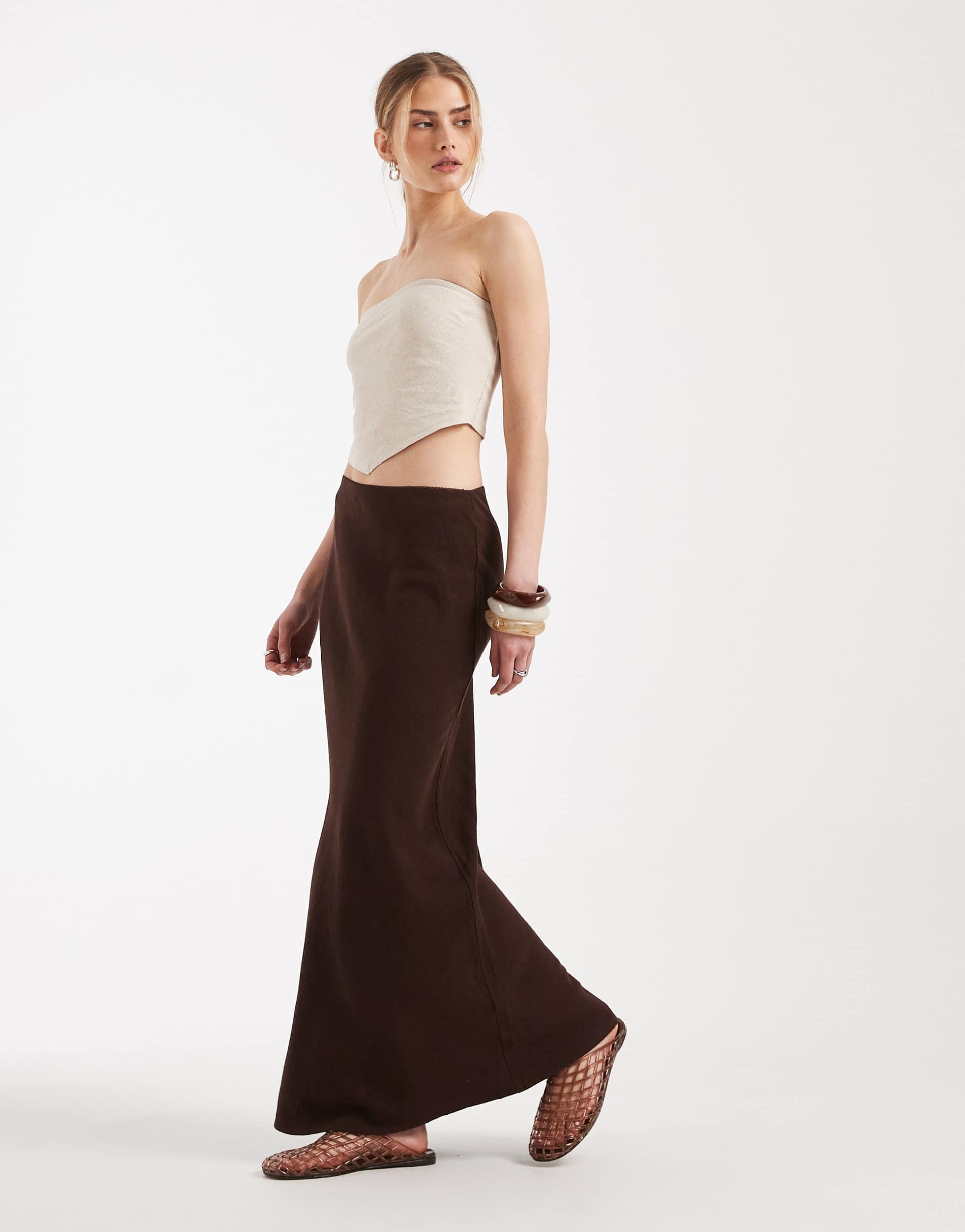 asos design linen bias midaxi skirt in brown