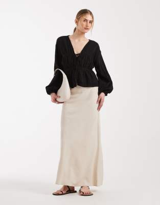 ASOS DESIGN linen bias midaxi skirt in stone-Neutral