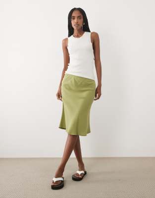 Asos Design Linen Blend 90's Satin Bias Cut Skirt In Green