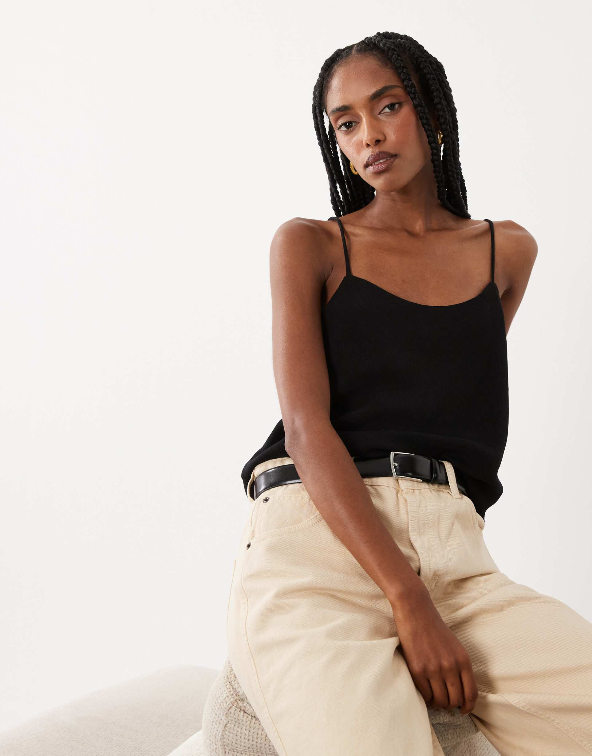 asos design linen blend 90s scoop neck cami top in black - part of a set