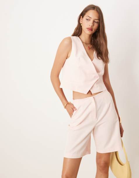 ASOS DESIGN linen-blend asym wrap waistcoat in pink (Part of a set) - view 1