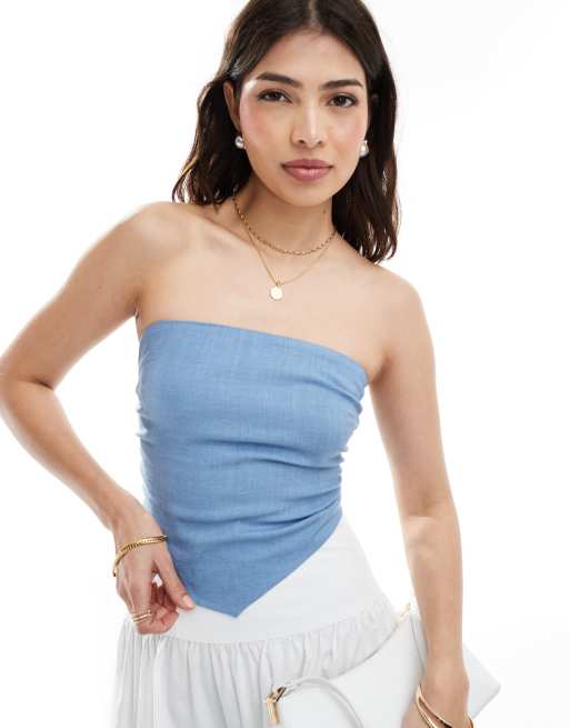 ASOS DESIGN linen blend bandeau scarf top in washed blue