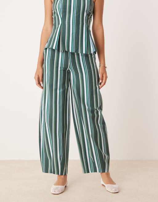 ASOS DESIGN linen blend barrel leg pants in green stripe - part of a set, 4 of 5
