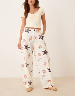 linen blend barrel leg pants in vacation print - part of a set-Multi