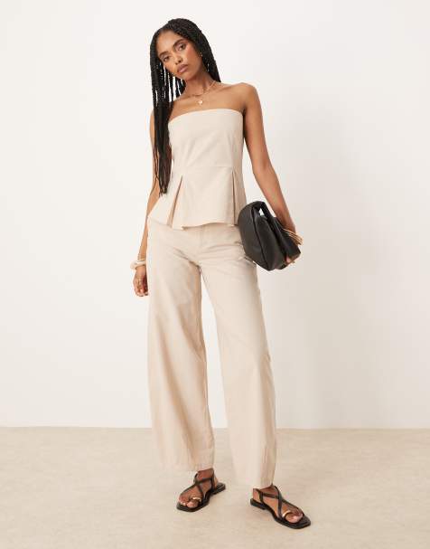 ASOS DESIGN linen blend barrel leg trouser in beige