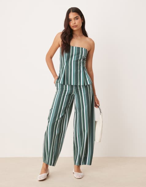 ASOS DESIGN linen blend barrel leg trouser in green stripe co ord - view 1