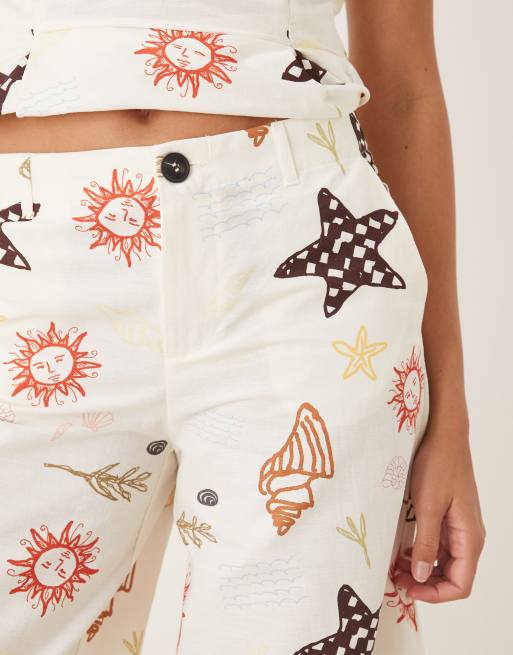 ASOS DESIGN linen blend barrel leg pants in vacation print - part of a set