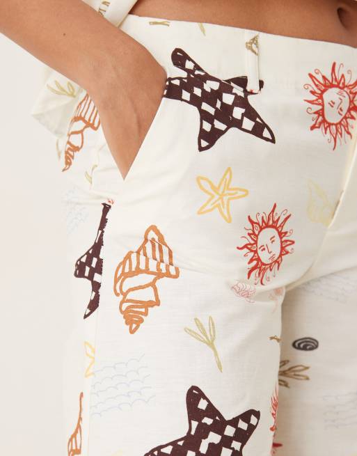 ASOS DESIGN linen blend barrel leg pants in vacation print - part of a set