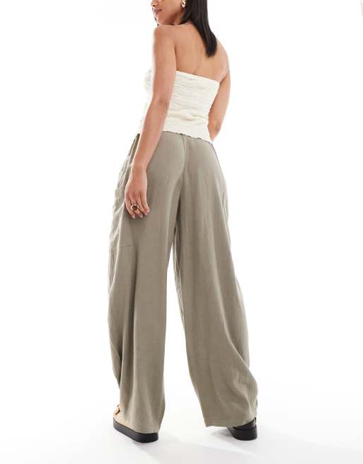 ASOS DESIGN linen blend barrel leg utility pants in olive