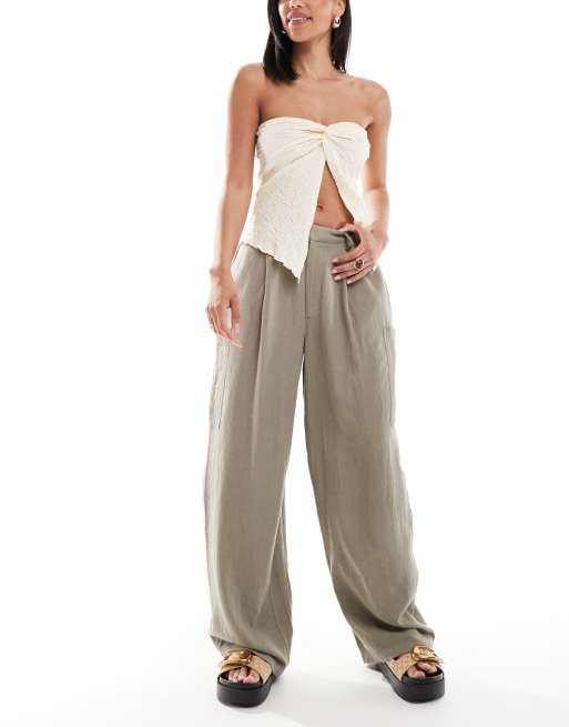 ASOS DESIGN linen blend barrel leg utility pants in olive