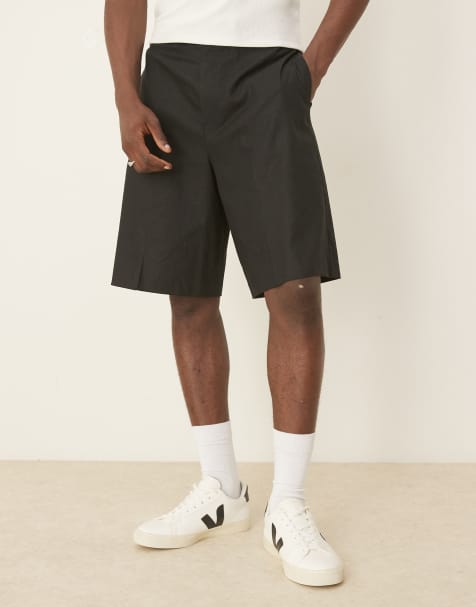 ASOS DESIGN linen blend bermuda shorts in black with elastic waist - view 1