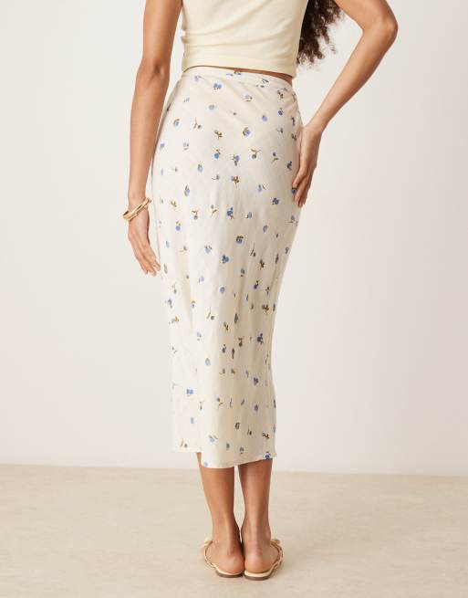 ASOS DESIGN linen blend bias cut midi skirt in floral print, 3 of 5