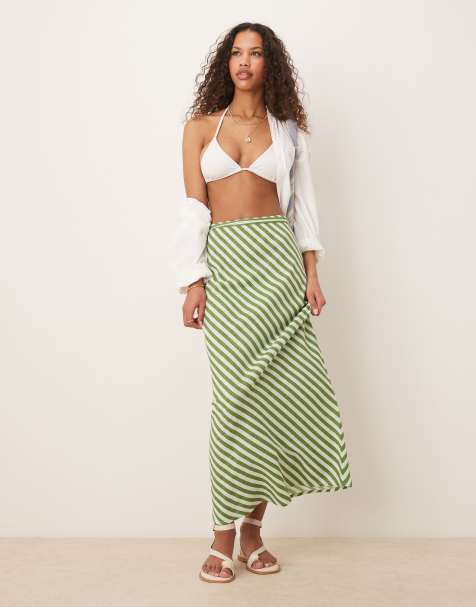 ASOS DESIGN linen blend bias maxi skirt in green stripe - view 1
