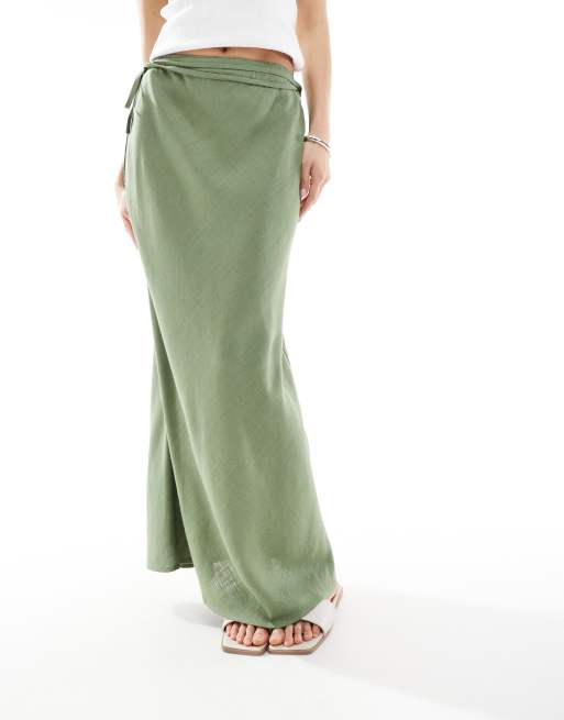 ASOS DESIGN linen blend bias maxi skirt in khaki