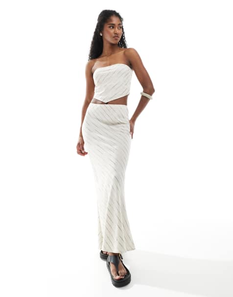 ASOS DESIGN linen blend bias maxi skirt in natural stripe (part of a set) - view 1